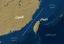 خريطة تظهر تايوان والبر الرئيسي للصين وخط الوسط في مضيق تايوان