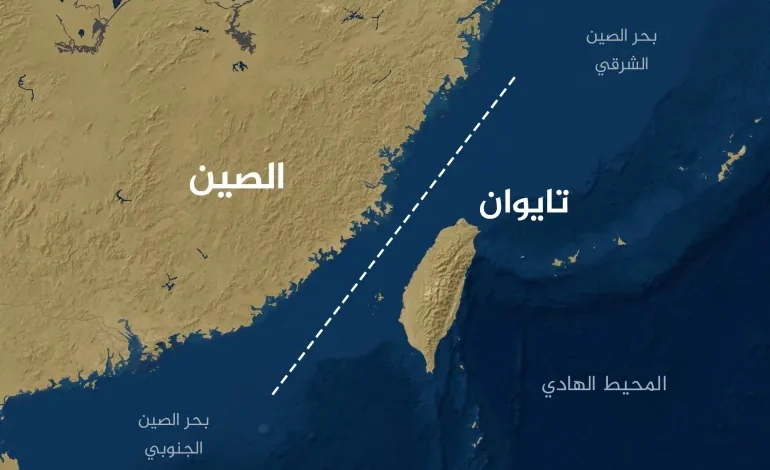 خريطة تظهر تايوان والبر الرئيسي للصين وخط الوسط في مضيق تايوان