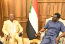 لقاء بين مسؤولين أمام العلم السوداني