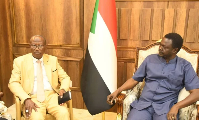 لقاء بين مسؤولين أمام العلم السوداني